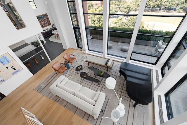 living room featuring a high ceiling, a wealth of natural light, and wood-type flooring