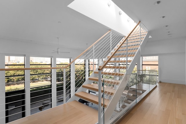 staircase with ceiling fan and wood-type flooring