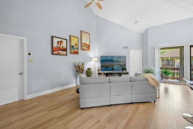 243 Trailside Way Unit 243, Ashland, MA 01721 - living room featuring high vaulted ceiling, light wood finished floors, ceiling fan, and baseboards