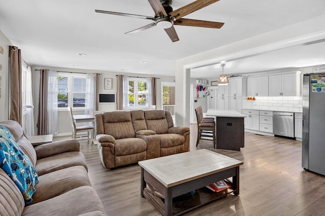 29 Edgemere Dr, Seekonk, MA 02771 - living area featuring a ceiling fan, light wood finished floors, and recessed lighting
