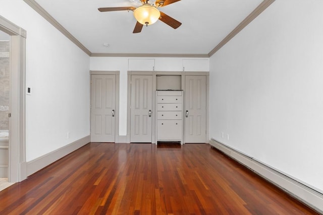 13 Maryland St Unit 2, Boston, MA 02125 - unfurnished bedroom featuring wood finished floors, ensuite bath, crown molding, a baseboard radiator, and ceiling fan