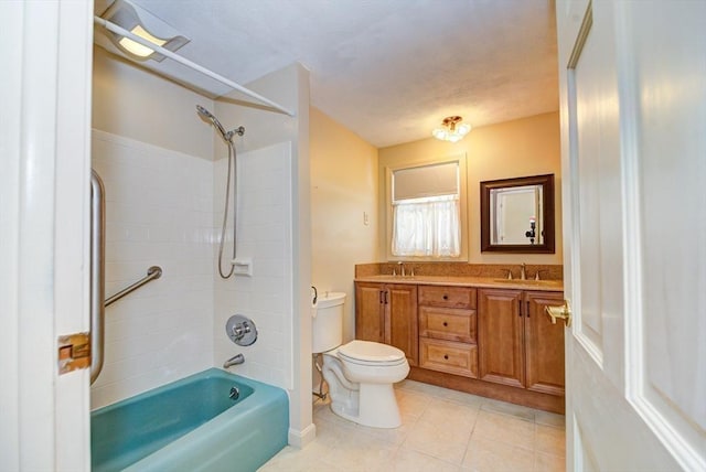 full bath featuring toilet, double vanity, a sink, and bathing tub / shower combination