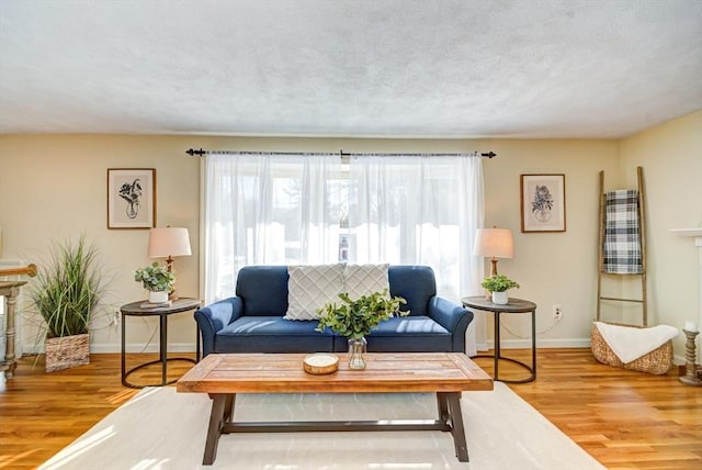 living area with a textured ceiling, baseboards, and wood finished floors