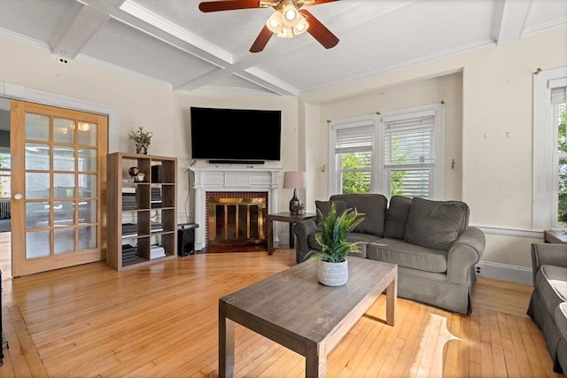426 Moraine St, Brockton, MA 02301 - living room featuring coffered ceiling, ceiling fan, hardwood / wood-style flooring, plenty of natural light, and beam ceiling