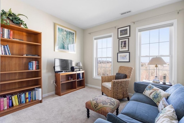 living area featuring light colored carpet