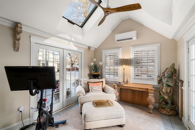 living area featuring a wall mounted air conditioner, ornamental molding, french doors, baseboards, and vaulted ceiling