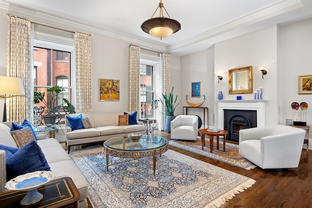 living room featuring dark wood-type flooring and ornamental molding