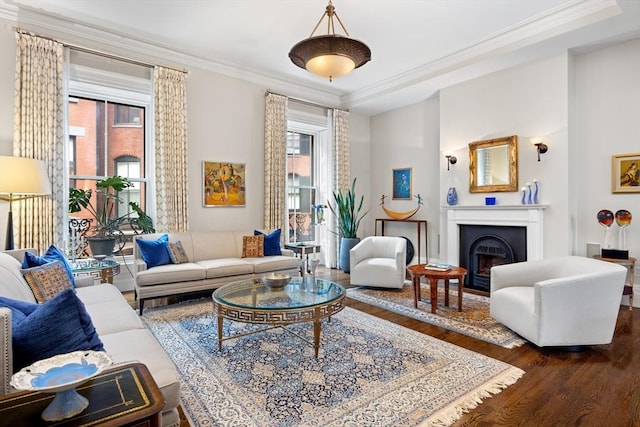 living room featuring dark wood-type flooring, a fireplace, and crown molding