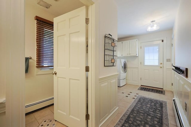 8 Mercer Ln, Franklin, MA 02038 - laundry room with cabinet space, washer / clothes dryer, a baseboard radiator, light tile patterned floors, and a wainscoted wall