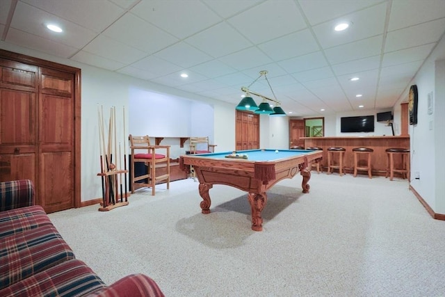 8 Mercer Ln, Franklin, MA 02038 - rec room featuring billiards table, a paneled ceiling, a bar, baseboards, and light colored carpet