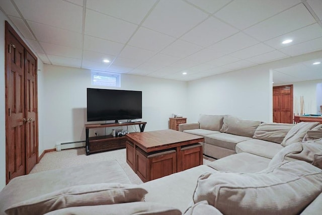 8 Mercer Ln, Franklin, MA 02038 - living area with light colored carpet, a baseboard radiator, baseboards, a paneled ceiling, and recessed lighting