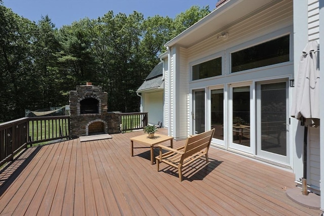 8 Mercer Ln, Franklin, MA 02038 - wooden deck featuring an outdoor stone fireplace