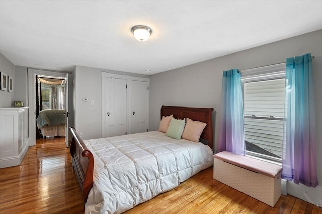 bedroom with a closet and hardwood / wood-style flooring