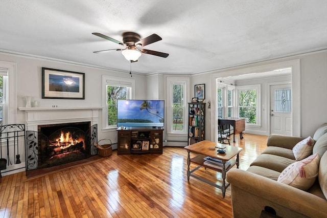 living area with a lit fireplace, a baseboard heating unit, hardwood / wood-style floors, and a wealth of natural light