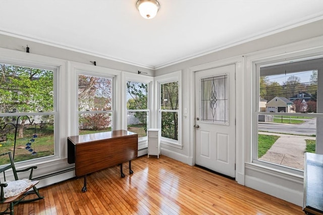 foyer featuring crown molding, light wood finished floors, a healthy amount of sunlight, and baseboard heating