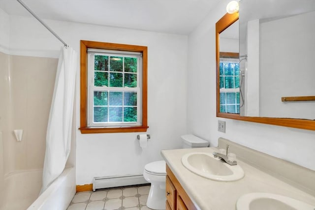 full bathroom featuring a baseboard radiator, toilet, shower / bath combination with curtain, and vanity