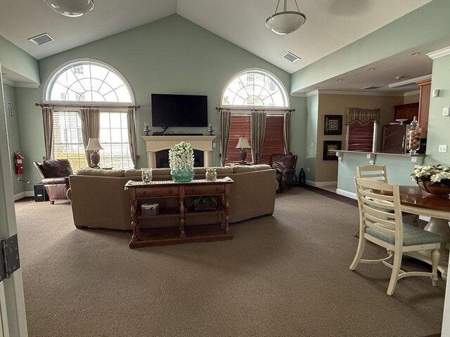 carpeted living room with plenty of natural light, a fireplace, and visible vents