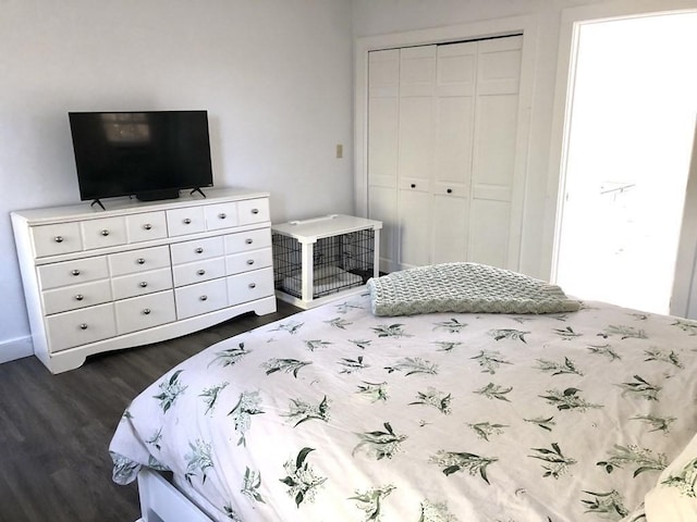 bedroom featuring a closet, baseboards, and dark wood-style floors