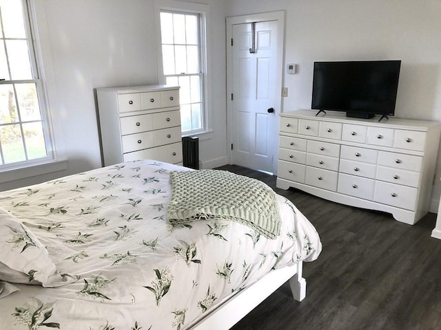 bedroom with dark wood-style flooring