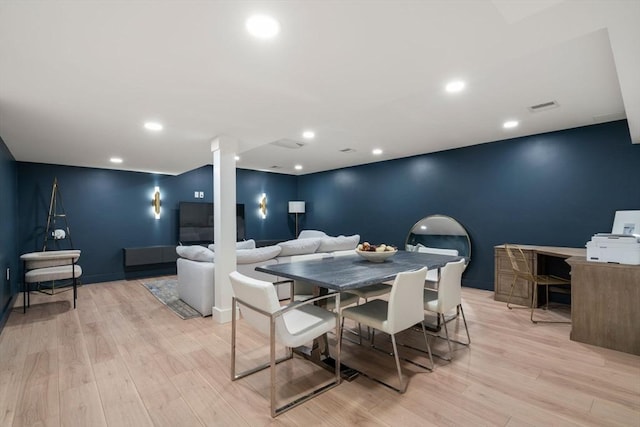 dining room with visible vents, recessed lighting, and light wood-style flooring