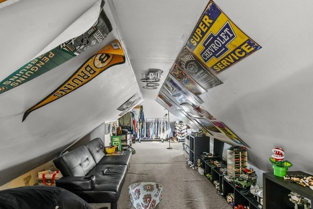 living room with carpet floors and vaulted ceiling