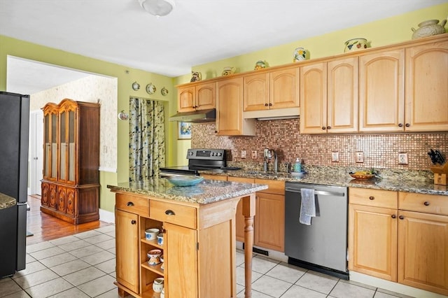 48 Northey St Unit 48, Salem, MA 01970 - kitchen with appliances with stainless steel finishes, under cabinet range hood, a sink, light tile patterned floors, and light brown cabinets