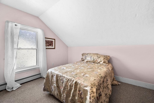 48 Northey St Unit 48, Salem, MA 01970 - bedroom featuring carpet flooring, vaulted ceiling, a baseboard radiator, and baseboards