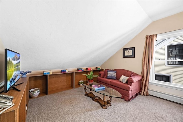 48 Northey St Unit 48, Salem, MA 01970 - carpeted living area featuring lofted ceiling and a baseboard heating unit
