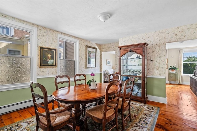 48 Northey St Unit 48, Salem, MA 01970 - dining area with wallpapered walls, light wood finished floors, a baseboard radiator, wainscoting, and baseboards