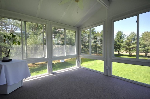 unfurnished sunroom with a ceiling fan and a healthy amount of sunlight