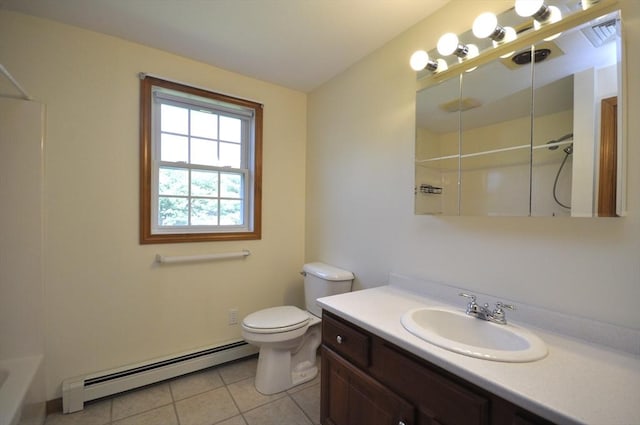 bathroom featuring visible vents, tile patterned flooring, vanity, a baseboard heating unit, and toilet