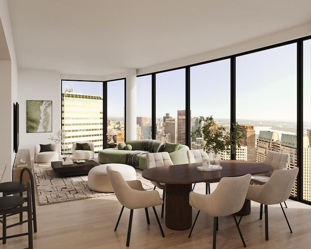 682 Atlantic Ave Unit 37G, Boston, MA 02111 - dining space with light wood finished floors, expansive windows, and a view of city
