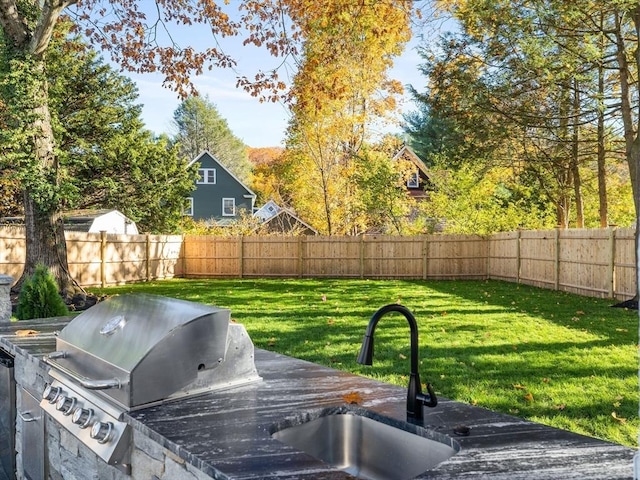 view of patio / terrace featuring a sink, area for grilling, a fenced backyard, and grilling area