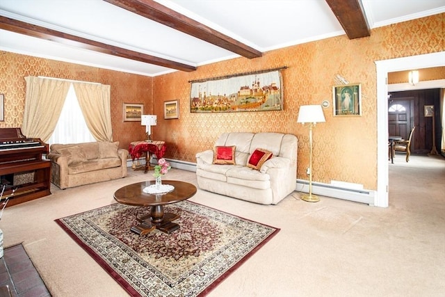 carpeted living room with a baseboard radiator, ornamental molding, and beam ceiling