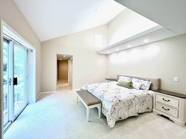 194 Captain Eames Cir Unit 194, Ashland, MA 01721 - bedroom featuring light carpet, access to outside, recessed lighting, baseboards, and high vaulted ceiling