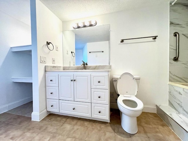 194 Captain Eames Cir Unit 194, Ashland, MA 01721 - bathroom with vanity, a shower, tile patterned flooring, toilet, and a textured ceiling