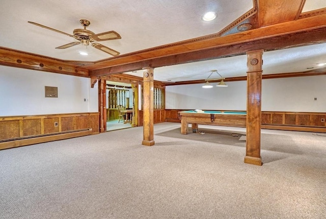 rec room with light carpet, ceiling fan, crown molding, and billiards