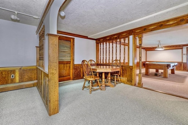 carpeted dining area with wood walls, baseboard heating, a textured ceiling, and pool table