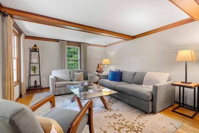 1857 Great Pond Rd, North Andover, MA 01845 - living room featuring wood finished floors, ornamental molding, and beam ceiling