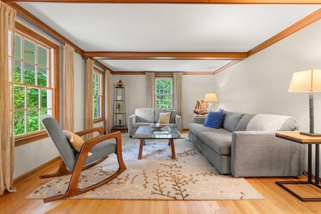 1857 Great Pond Rd, North Andover, MA 01845 - living room with wood finished floors, ornamental molding, and beam ceiling