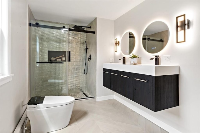 23 Donna St, Westport, MA 02790 - bathroom featuring double vanity, a stall shower, toilet, and tile patterned flooring