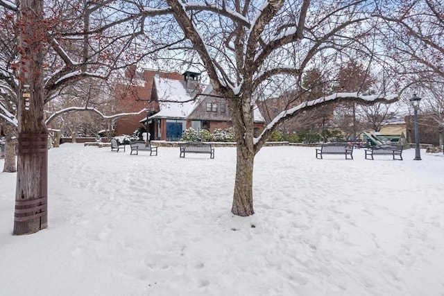 view of yard layered in snow