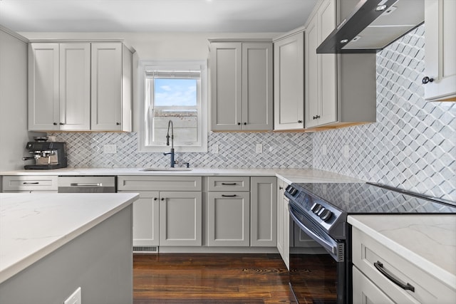 kitchen featuring wall chimney range hood, sink, dark hardwood / wood-style floors, decorative backsplash, and appliances with stainless steel finishes