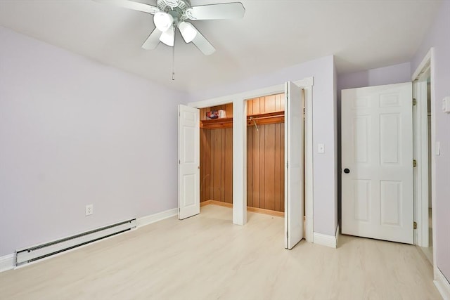118 Coolidge St, Swansea, MA 02777 - unfurnished bedroom with a baseboard radiator, light wood-style flooring, multiple closets, and a ceiling fan