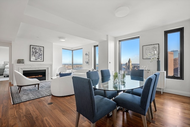 dining space featuring hardwood / wood-style flooring and a high end fireplace