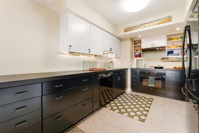 kitchen with black appliances, white cabinetry, open shelves, a sink, and under cabinet range hood