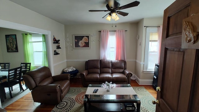 living room featuring ceiling fan, baseboards, and light wood-type flooring