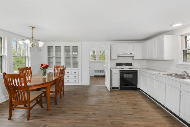 kitchen with white cabinetry, dark wood-type flooring, electric stove, sink, and radiator heating unit