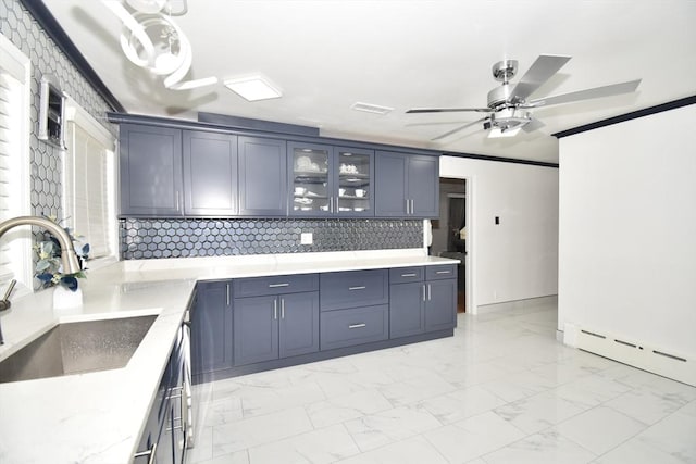 541 Grattan St, Chicopee, MA 01020 - kitchen with tasteful backsplash, light marble finish flooring, ceiling fan, glass insert cabinets, and baseboard heating