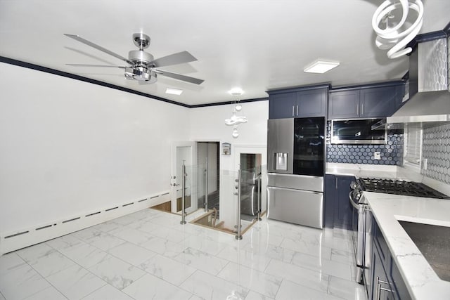 541 Grattan St, Chicopee, MA 01020 - kitchen featuring stainless steel refrigerator with ice dispenser, wall chimney range hood, gas range, a ceiling fan, and tasteful backsplash